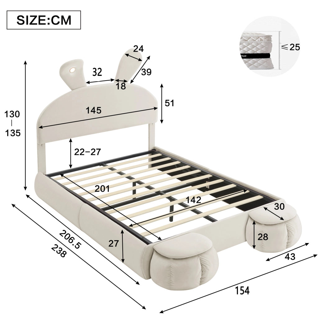 Letto imbottito beige 140x200 cm con LED, vano contenitore e 2 pouf