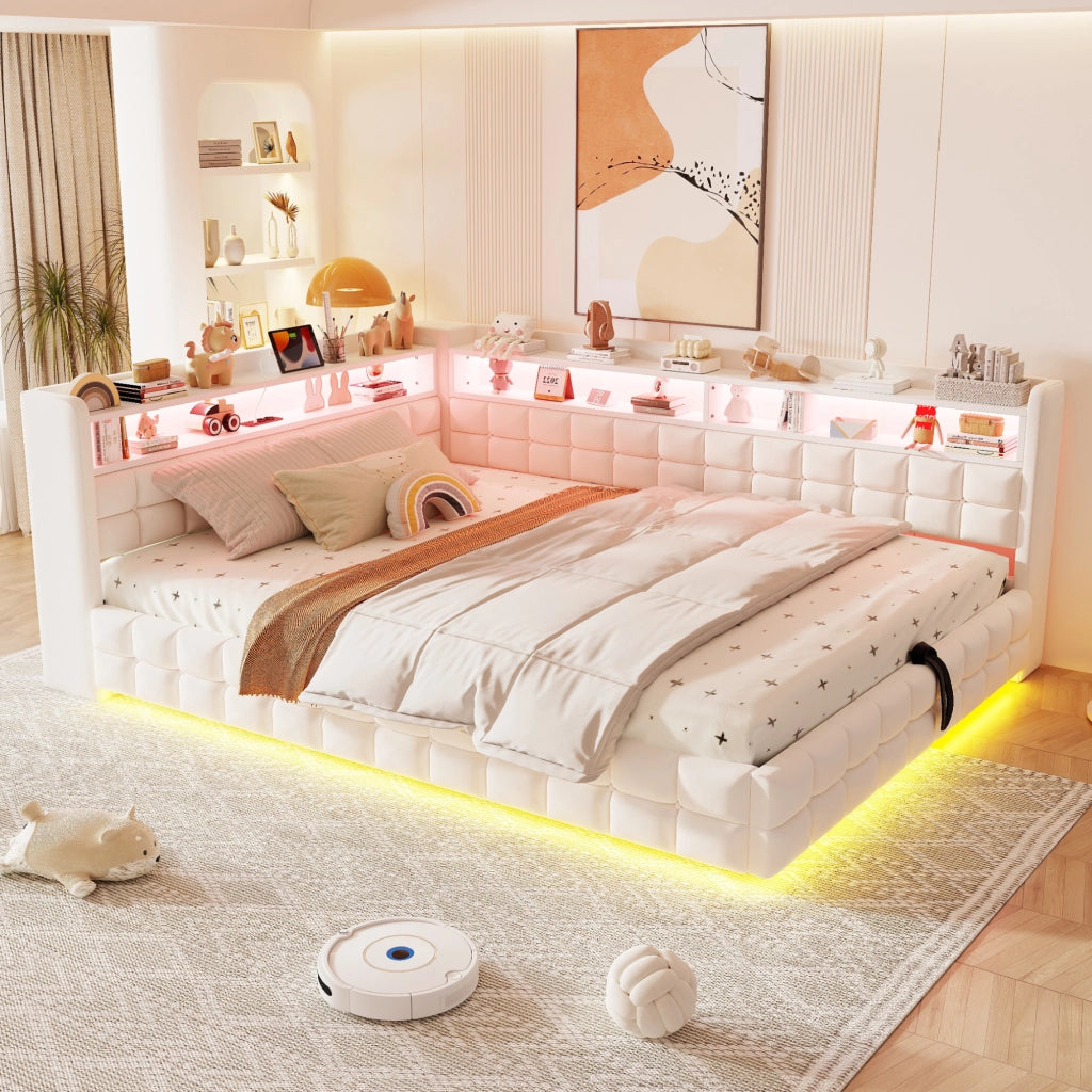 Letto imbottito 140x200 cm con contenitore; LED e prese in velluto beige