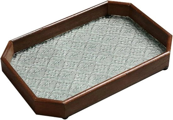 Piatto da tavola ottagonale in legno e vetro - piatto per il tè da tavola - marrone