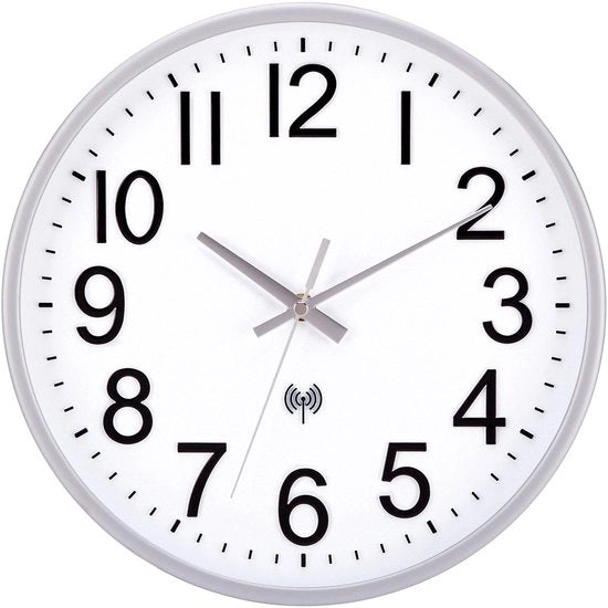 Orologio da Parete a Controllo Radiocomando, Senza Suono a Giro, 30 cm, Orologio da Parete Radiocomandato con Cristallo, Funziona con Batterie, Moderno, Decorativo per Ogni Parete, Argento