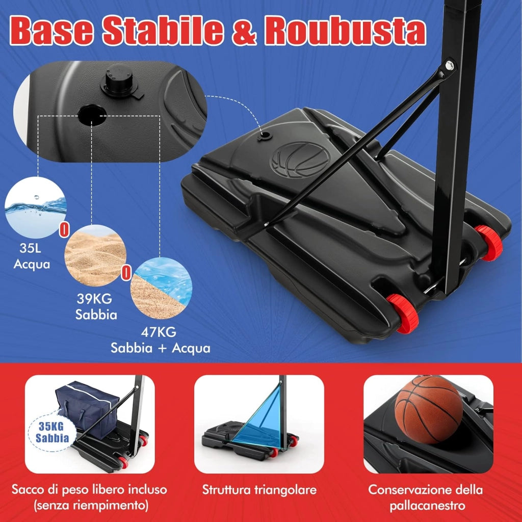Canestro da Basket da Esterno ed Interno, Canestro da Basket Regolabile a 10 Livelli e Portatile, con Tabellone da 82cm, 2 Ruote e Borsa, per Tutte le Condizioni Atmosferiche