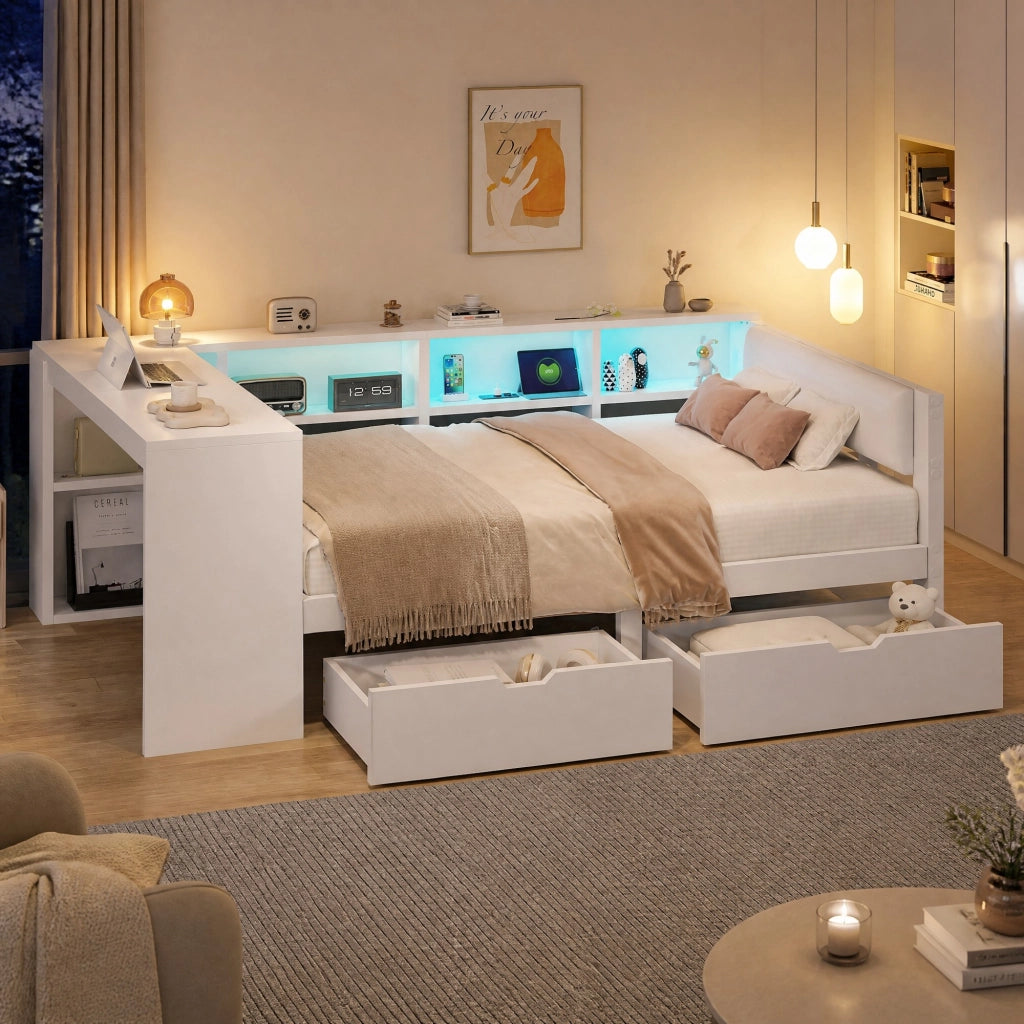 LETTO 140x200 cm Bianco con testiera imbottita, ripiani, cassetti e ricarica USB