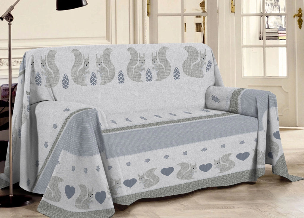 Telo Arredo Multiuso Linea Pensieri Delicati In 100% Cotone Disegno Scoiattolo - Matrimoniale - Grigio
