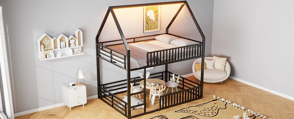 Letto a castello a forma di casa 140x200 con ringhiera e luci LED, nero