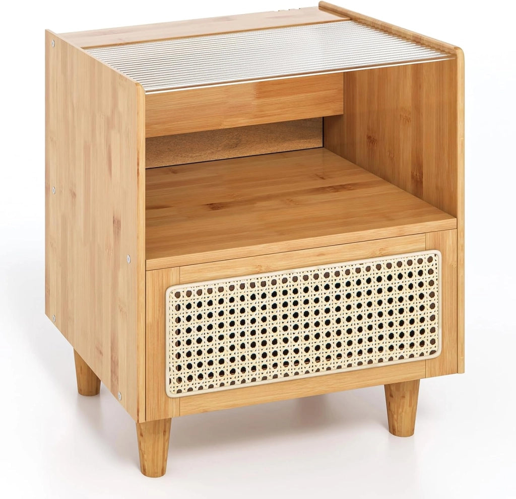 Comodino in Bambù, Comodone da Letto con Cassetto in Rattan e Scomparto Aperto, Tavolino con Piano in Vetro, 43 x 35 x 50 cm (2 Naturale)