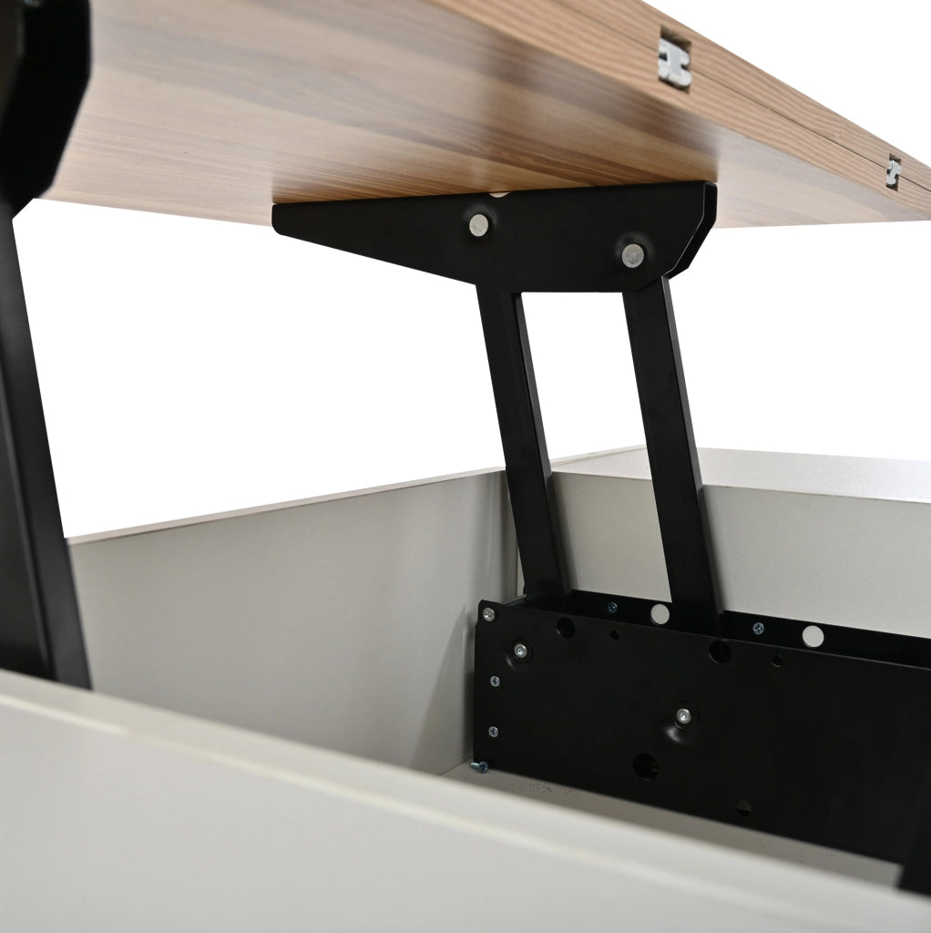 Tavolino da caffè sollevabile 100x50 cm trasformabile in tavolo da pranzo; bianco e legno naturale