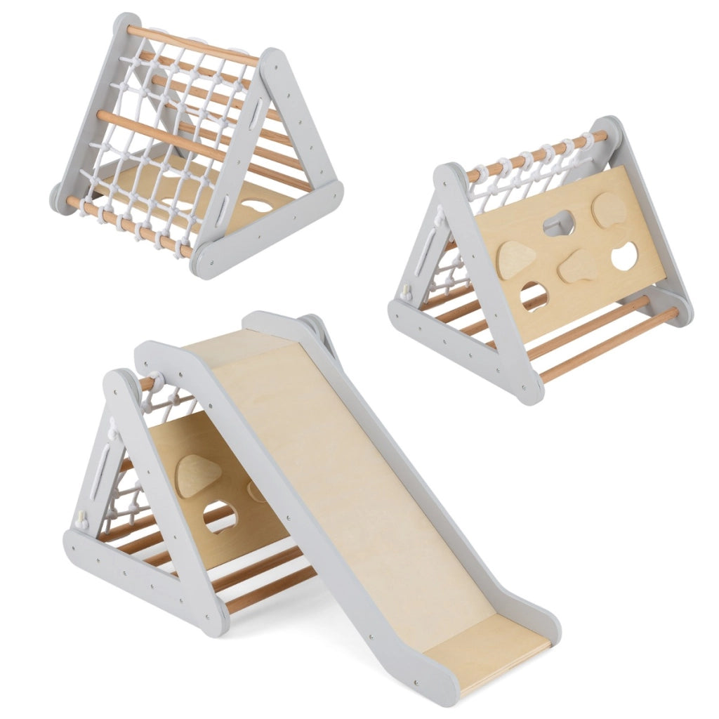 Arrampicata in legno per bambini 4-in-1 con scivolo, Arrampicata a triangolo per interni con rete Grigio-Arrampicate e scivoli