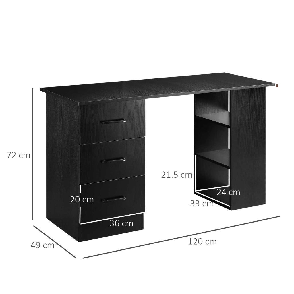 Scrivania Moderna in Legno con 3 Cassetti e 3 Ripiani per Camera e Ufficio, 120x49x72cm, Nero