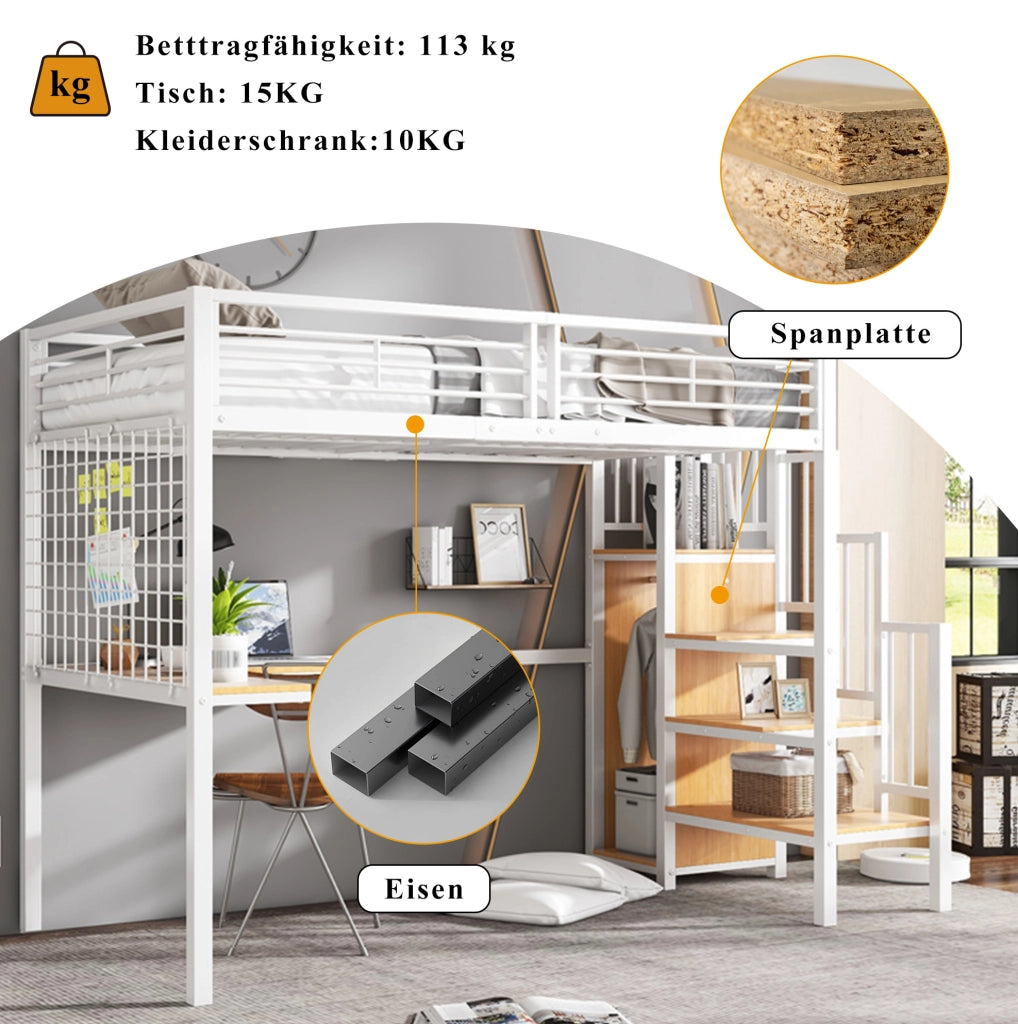 Letto a soppalco 90x200 cm con armadio integrato; MDF e metallo; bianco e naturale