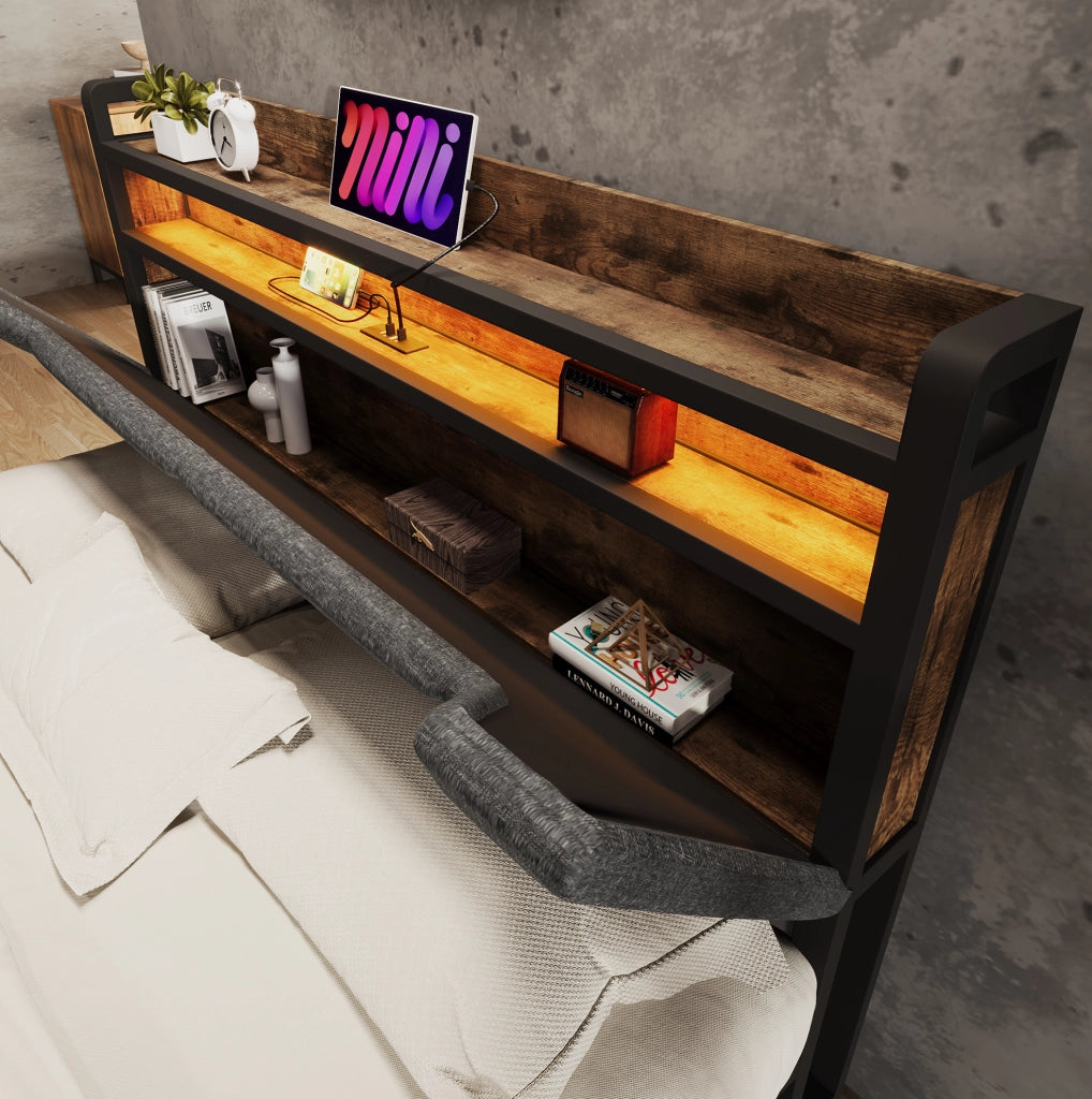 Letto matrimoniale grigio 160 x 200 cm con LED, ricarica USB e cassetti