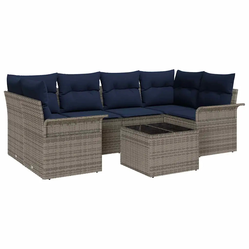Set Divano da Giardino 7 pcs Grigio e Blu Navy polyrattan 3353934