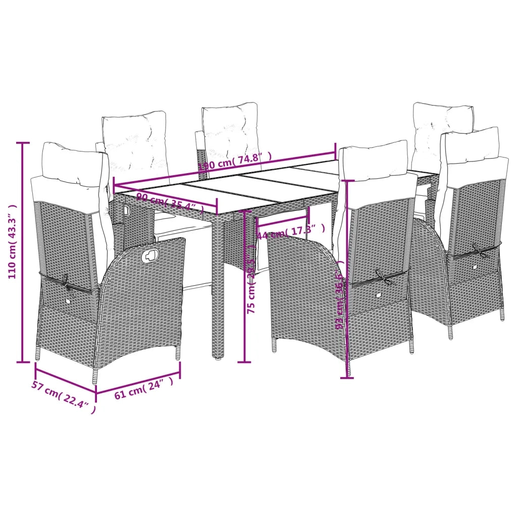 Set da Pranzo da Giardino 7 pz con Cuscini in Polyrattan Grigio