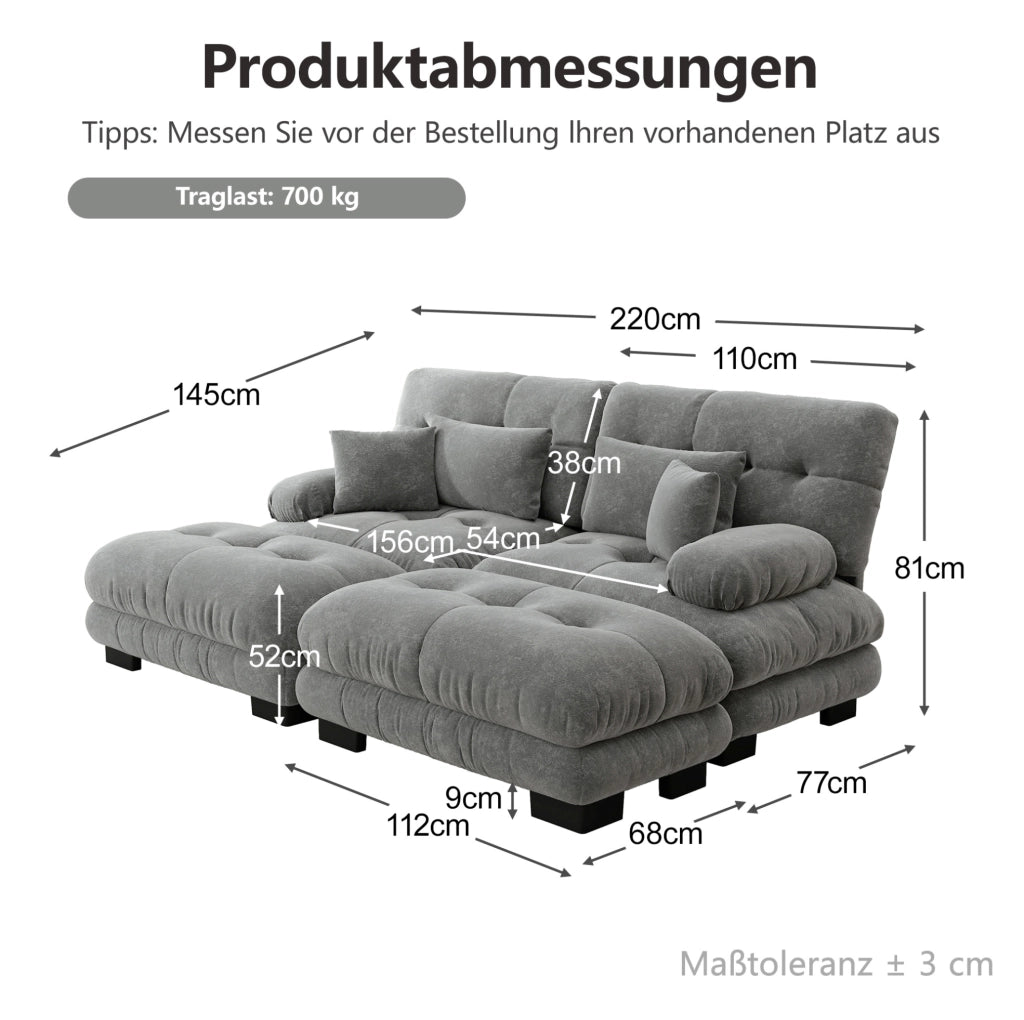 Divano modulare in chenille grigio con 2 pouf; 2 cuscini lombari e 2 cuscini decorativi