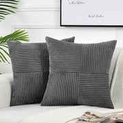 Due coperte per cuscini decorativi per divano letto, stile rustico-boho per la decorazione della casa, tessuto corduroy morbido con patchwork a quadri (45x45 cm) - grigio scuro.