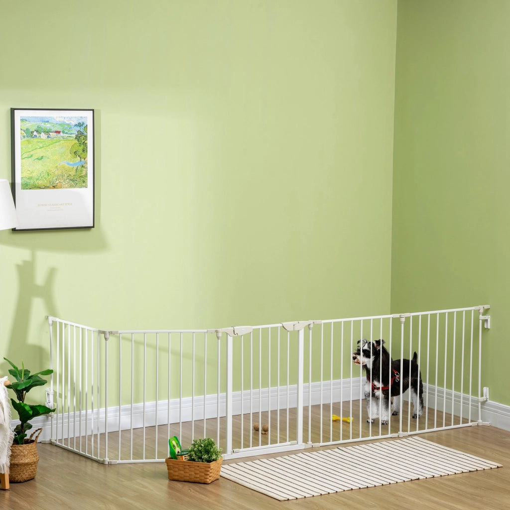 Cancellino per Cani Regolabile e Pieghevole 300x74,5 cm con Chiusura Automatica e Blocco in Metallo e Plastica Bianco