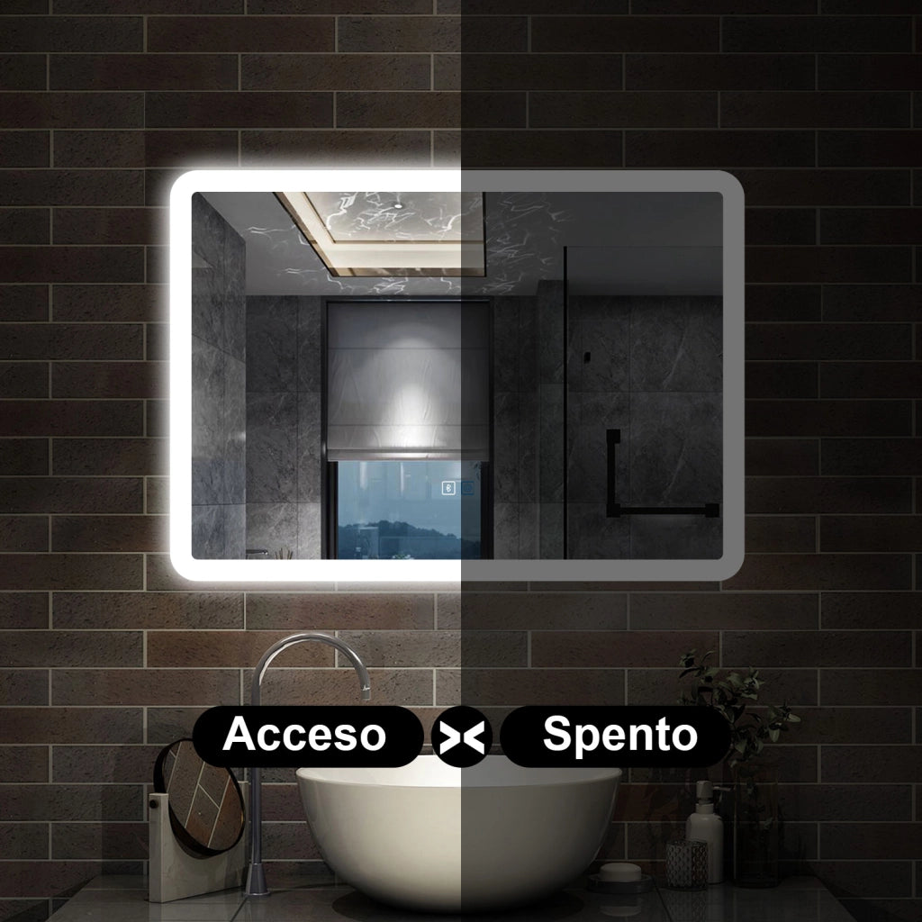 specchio rettangolare 70 x 50 cm con luce led a 3 colori, antiappannamento e touch, bluetooth