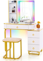 Tavolo da toeletta con sgabello, tavolo da trucco con specchio, strisce LED RGB, bordo specchio diamantato, 7 modalità LED dinamiche e 7 statiche, tavolo per acconciature con caricatore e vari