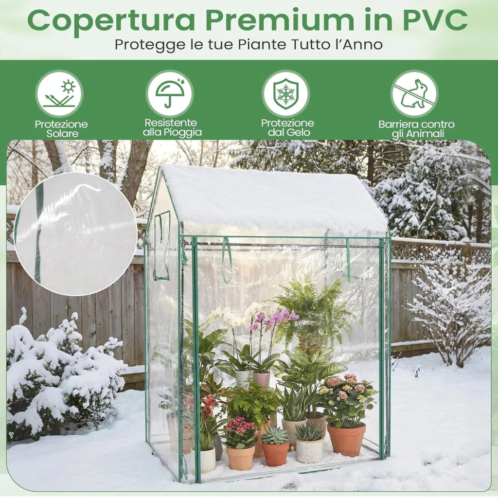 Mini Serra da Esterno ed Interno 129 x 80 x 173 cm, Serra per Pomodori con Copertura Trasparente in PVC, Rete per Ombreggiatura, Porta e Finestre, Ideale per Giardino, Cortile e Terrazzo