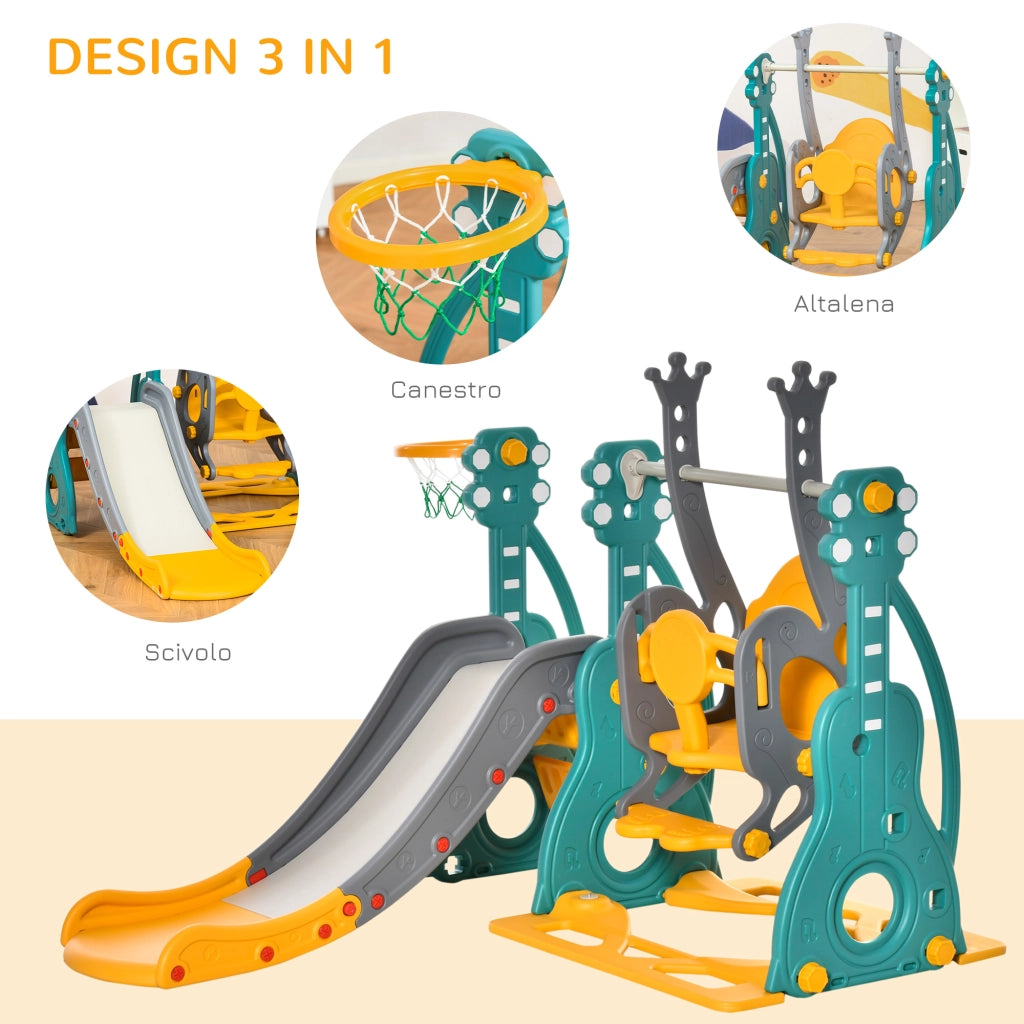 EasyComfort Scivolo 3 in 1 per Bambini con Altalena Regolabile, Canestro e Palle per Cameretta e Giardino, 152x149x107cm, Blu, Grigio, Giallo