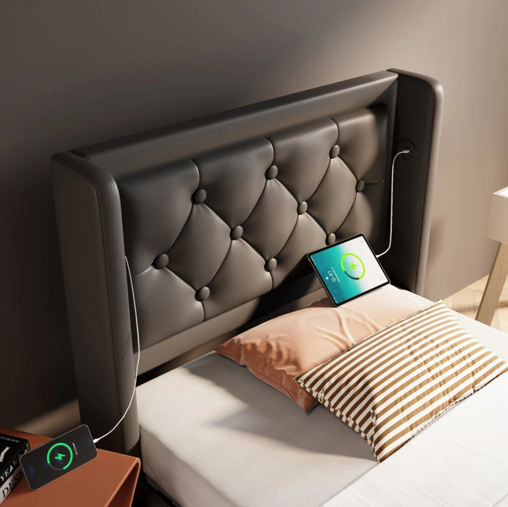 Letto singolo 90x200 cm in PU nero con contenitore; testiera imbottita; LED e USB Type-C