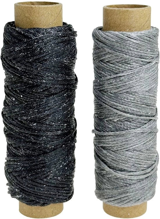 Set di 2 colori, 60 m filo a maglia, 150D 0,8 mm, filo di lana trattato per lavori in pelle, cucito, ricamo, nero e grigio