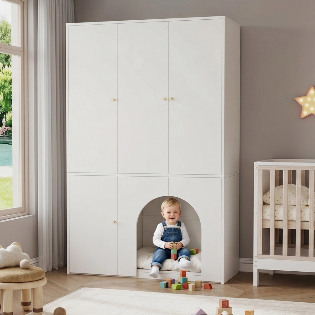 Armadio a 3 ante con asta appendiabiti e ripiani nicchia ad arco per camera da letto in MDF bianco 120 × 50 × 200 cm