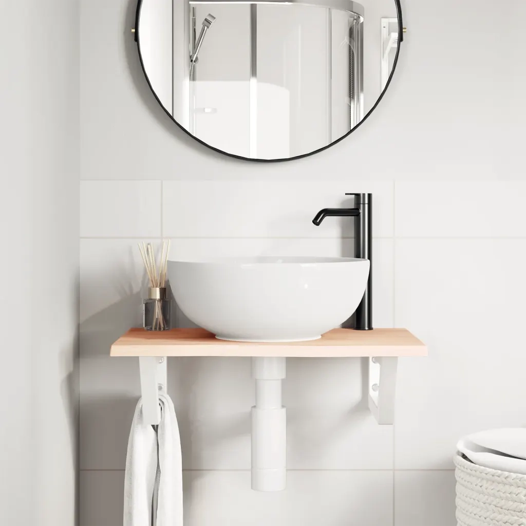 Ripiano a Parete per Lavabo in Acciaio e Massello di Rovere 3302542