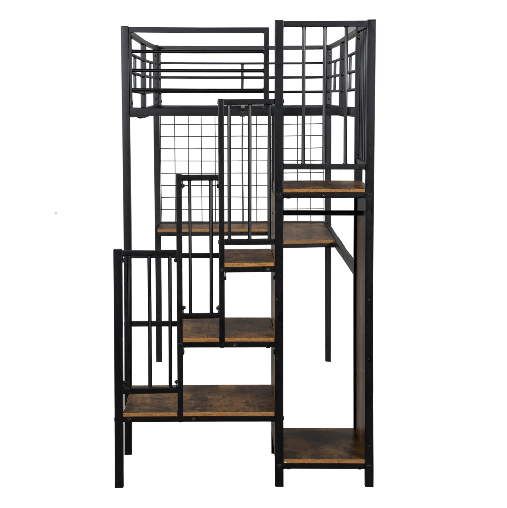 Letto a soppalco 90x200 cm con armadio e scale laterali nero e noce scuro