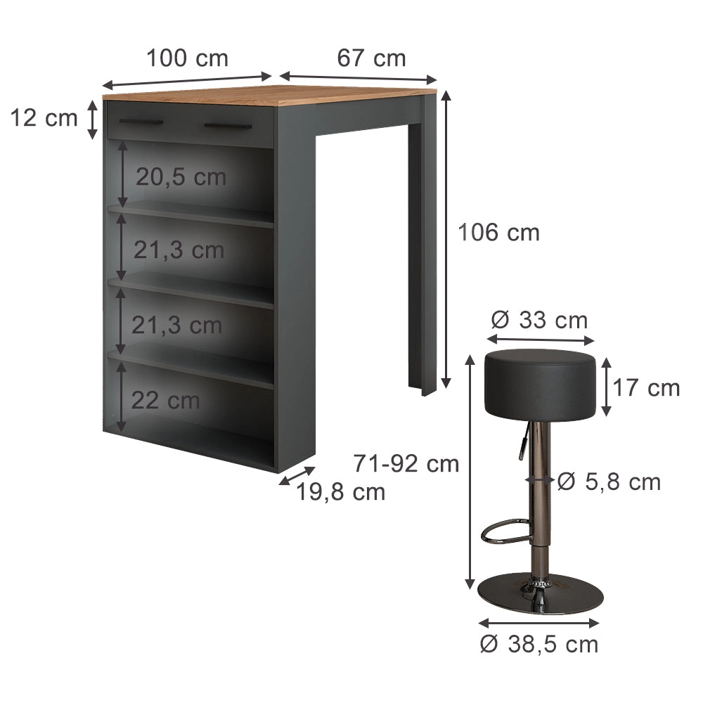 Vicco tavolo bar con sgabelli Antracite 67 x 100 cm con 2 sgabelli da bar