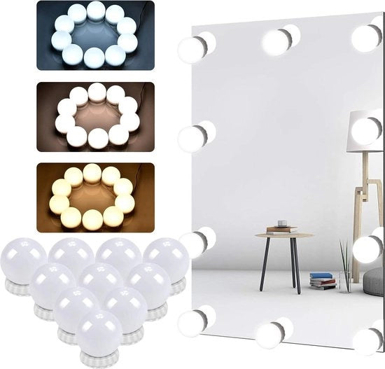 Kit di illuminazione per specchi di trucco - Specchi di trucco illuminati - 10 luci - 3 colori - 10 livelli di luminosità - Cavo alimentazione USB -