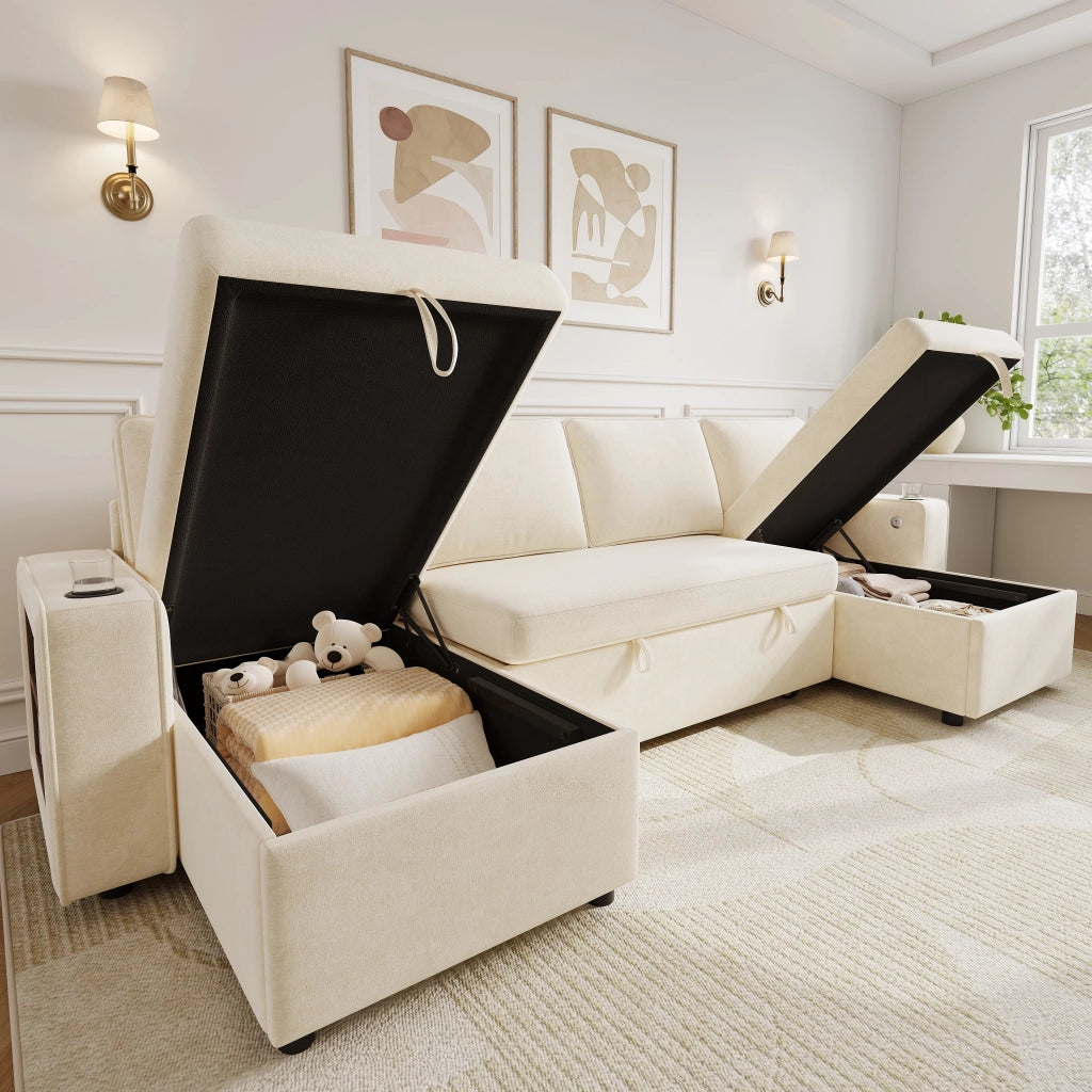 Divano Angolare con Funzione Letto ¨C MINIMAL ¨C Beige, Chaise Longue, Contenitore, USB