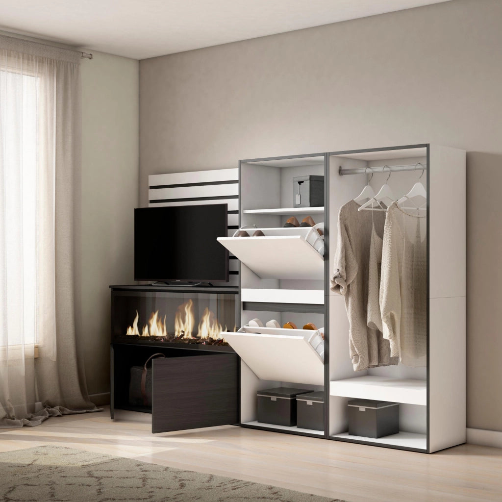 Credenza, 227x35x145cm, Camera da letto, Camino elettrico XXL, Scarpiera, Armadio Aperto, Bianco RF3386