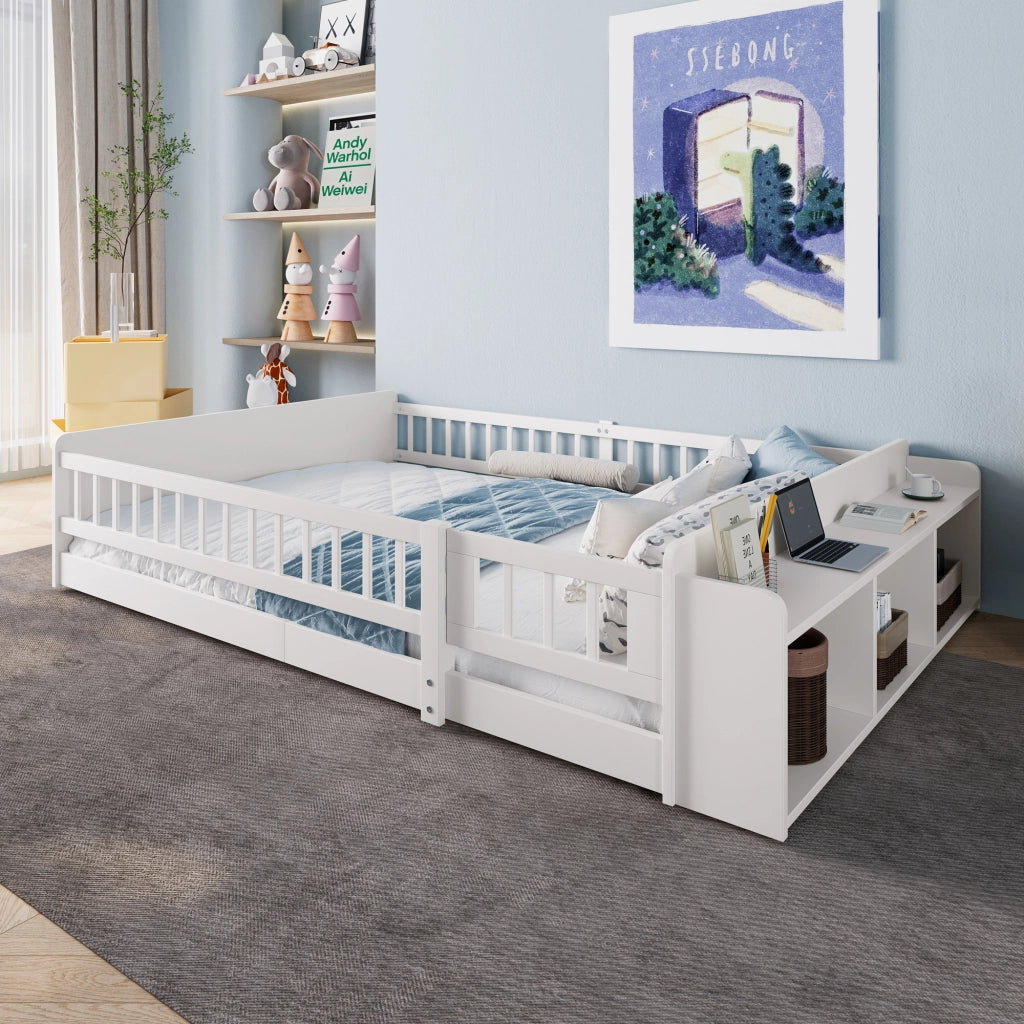 Letto per bambini bianco in pino con spazio di stoccaggio aperto e cassetti integrati 140x200 cm