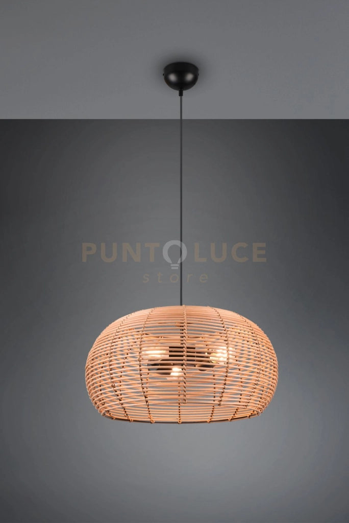 INGA SOSPENSIONE RETICOLO RATTAN NATURALE E MONTATURA NERA D. 50CM  3 LUCI ATTACCO E27