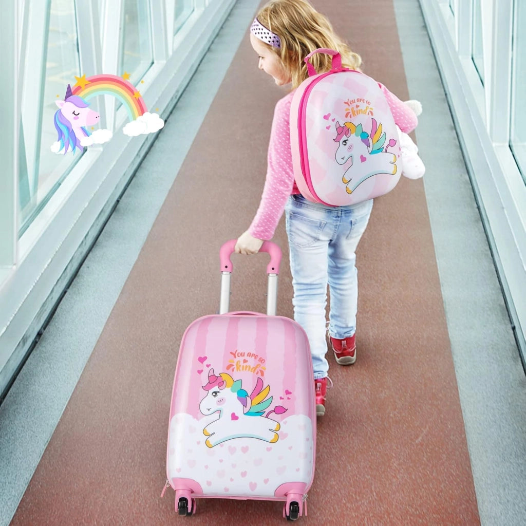 Valigia per bambini con ruote leggere con zainetto, bagaglio cabina bambino con spazio sufficiente per viaggiare, scuola, campeggio, rosa, unicorno