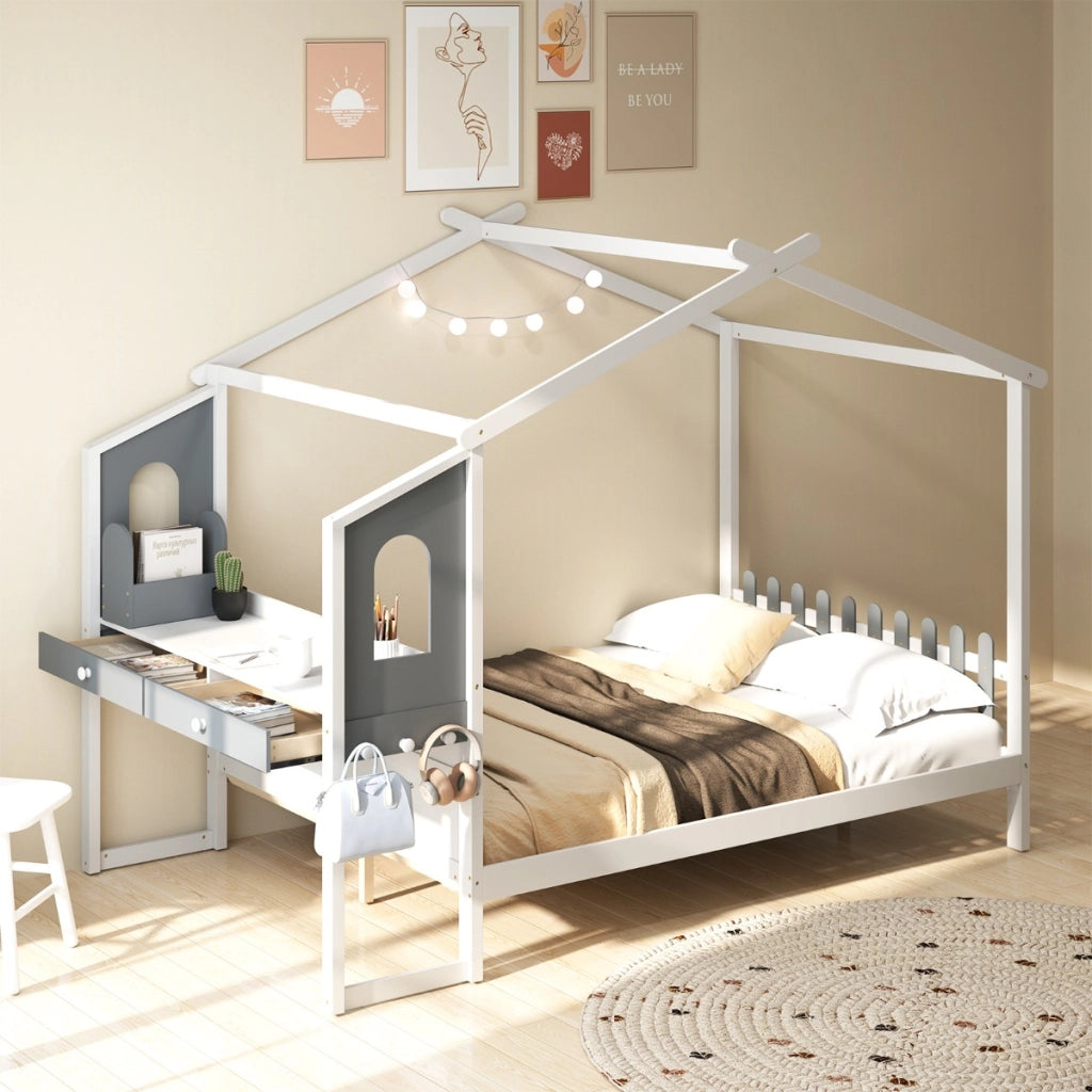 Letto casa singolo con scrivania testiera a staccionata ganci e cassetti-Letto piattaforma in legno Bianco e Grigio