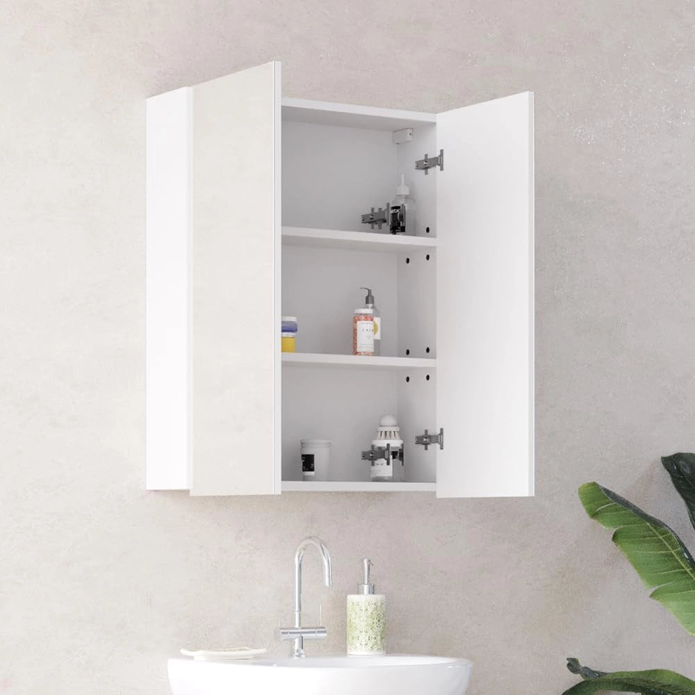 Specchio contenitore bagno Fredd, Bianco lucido, 60 x 77 cm, a parete con due ripiani interni regolabili