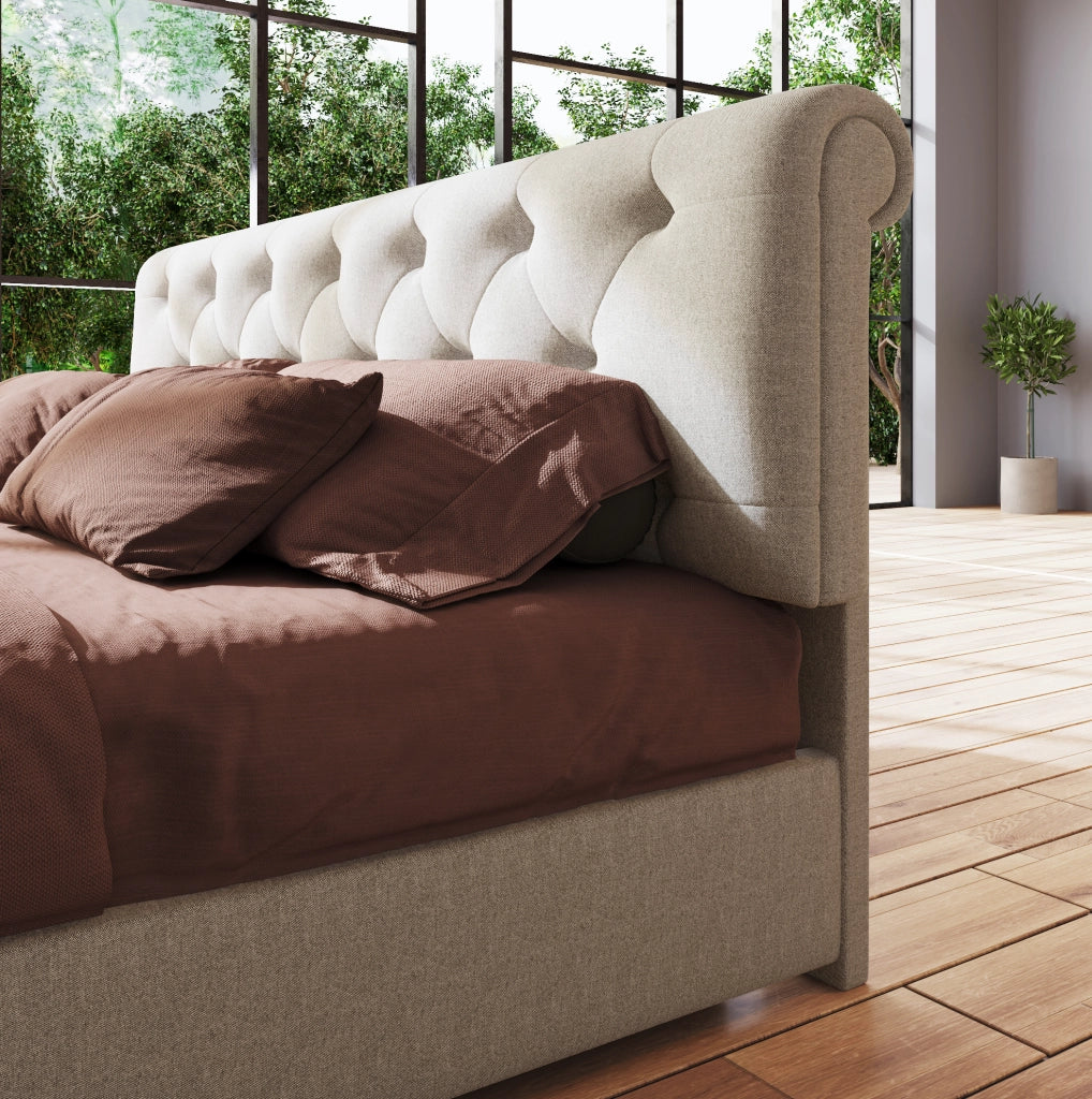Letto matrimoniale imbottito 140x200 cm con testiera regolabile; contenitore idraulico; lino naturale