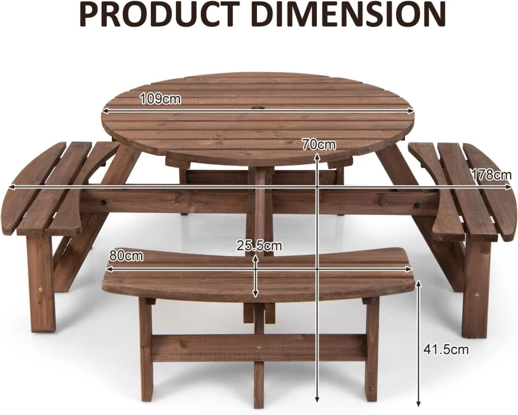 Tavolo da Picnic per 8 Persone con Foro per Ombrellone, Tavolo con Panche in Legno di Abete, Set da Giardino Esterno per Bar, Agriturismo, Sagra, Patio, Balcone, φ179 x 70 cm (Marrone Scuro)