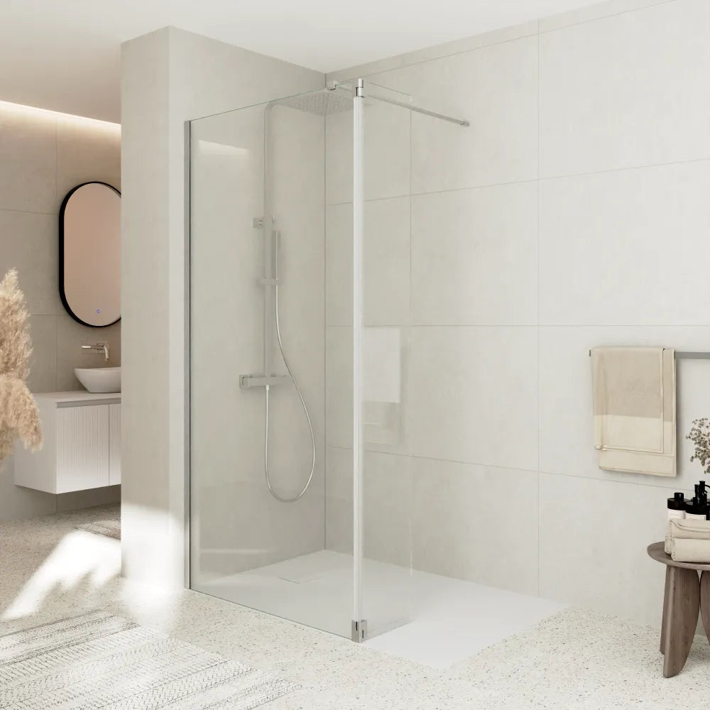 Doccia walk-in 130cm + anta girevole 30cm vetro 8mm trasparente anticalcare profili nickel spazzolato h200 | Keros