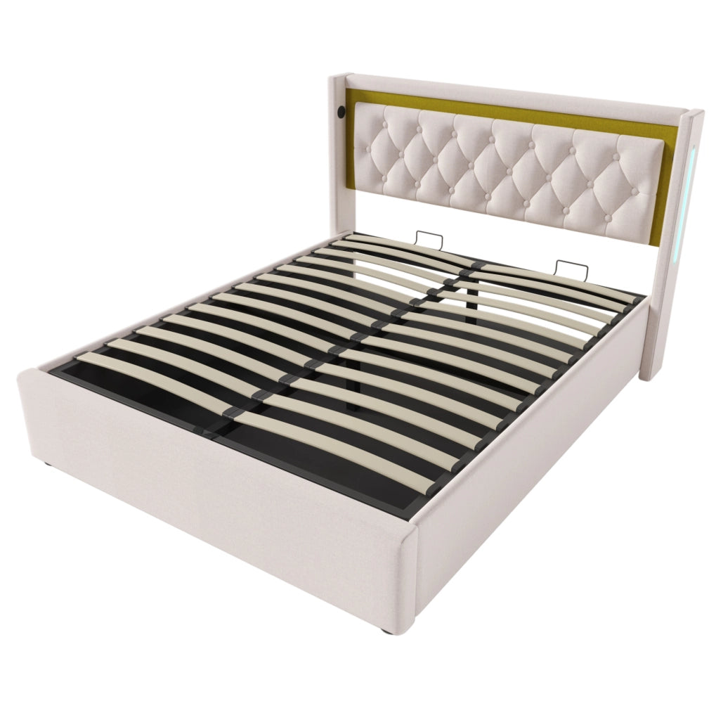 Letto matrimoniale 140x200 con materasso; LED; USB e Type-C; contenitore; beige