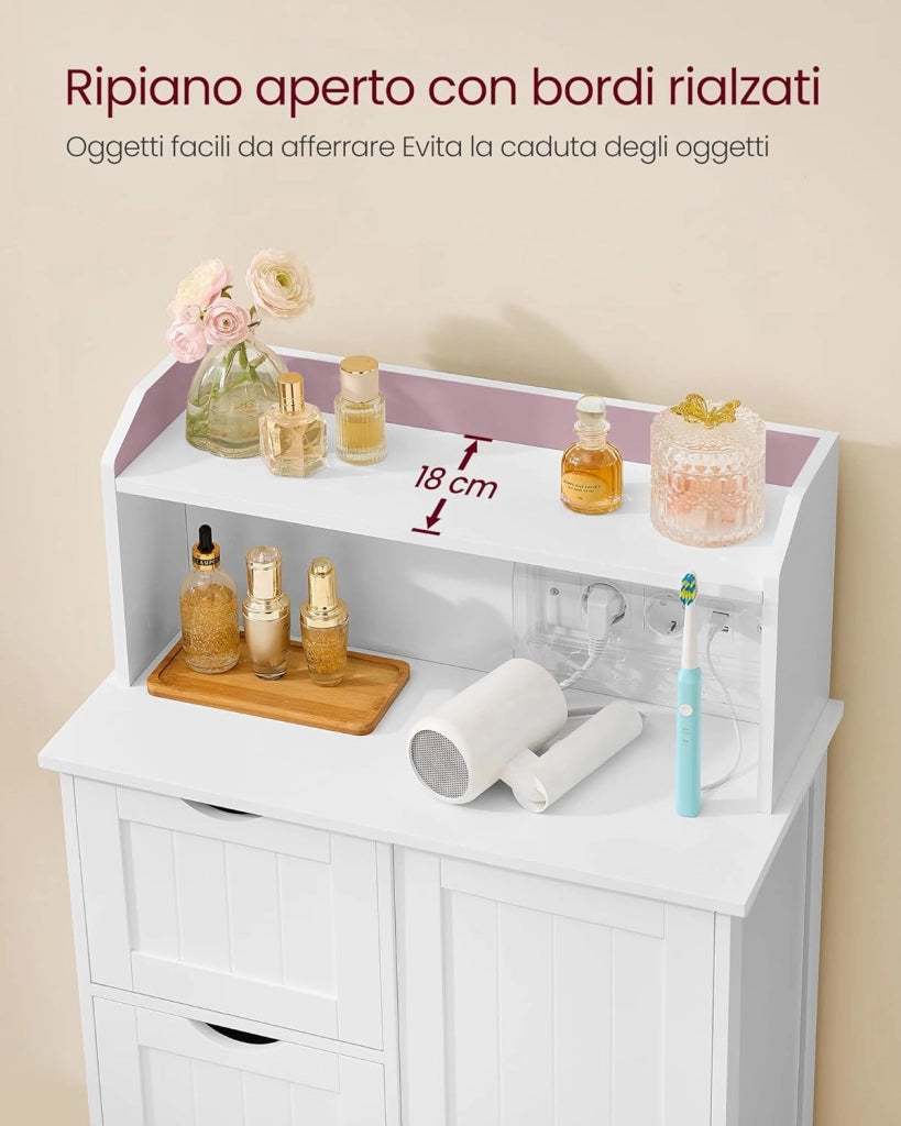 VASAGLE 100 cm di Altezza Mobile Bagno, Mobiletto Bagno con Multipresa, 3 Cassetti, 1 Anta, 2 Ripiani Regolabili, Armadietto per Sala da Pranzo, Cucina, Soggiorno, Bianco Nuvola BBC775W03