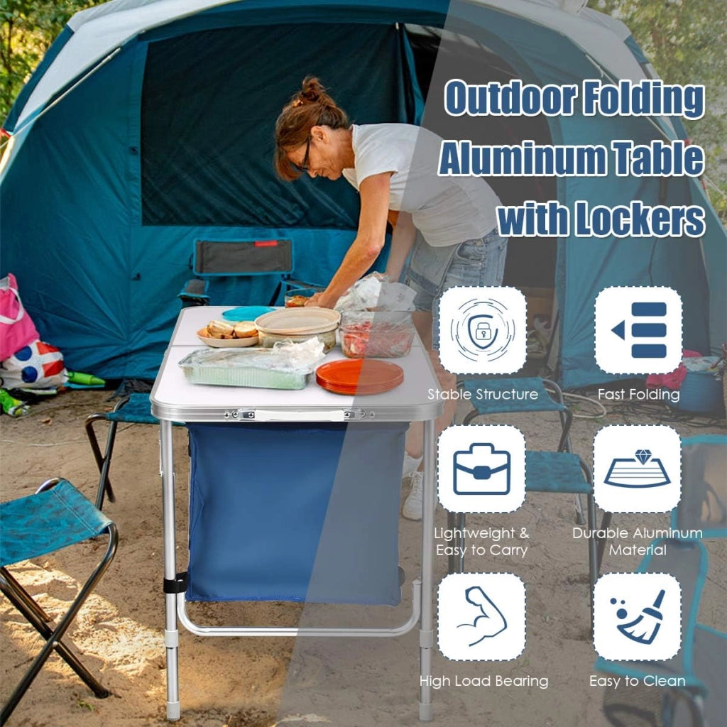 Tavolo da campeggio pieghevole, altezza regolabile in 53,5 cm / 71 cm, tavolo da picnic in alluminio con armadietti da 120 l, tavoli da esterno 120 x 61 cm, per barbecue, feste