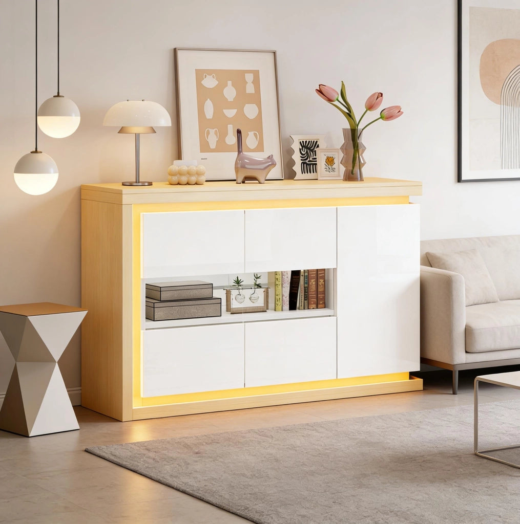 Credenza 140x40x84 cm con LED, vetro temperato e 3 ante