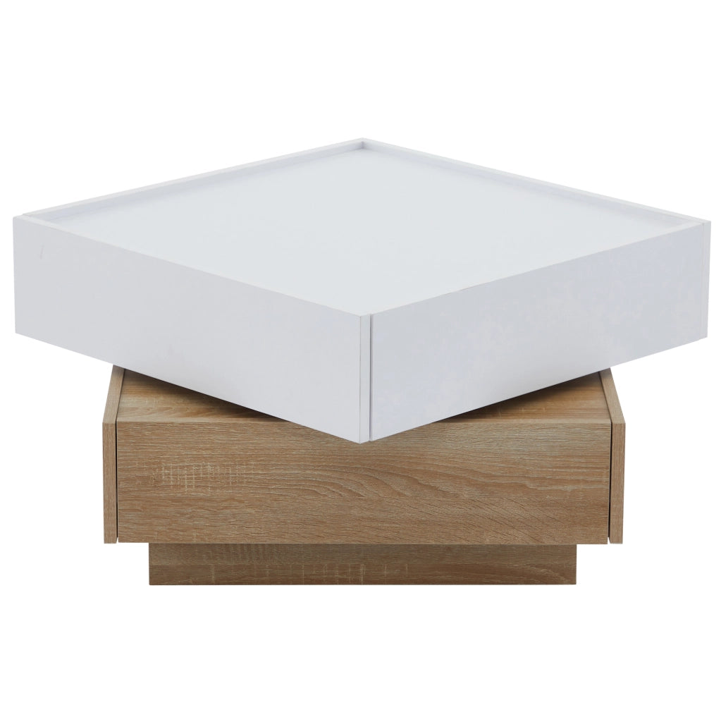 Tavolino da salotto girevole a 360° con 2 cassetti; 60x60x38 cm; bianco e noce