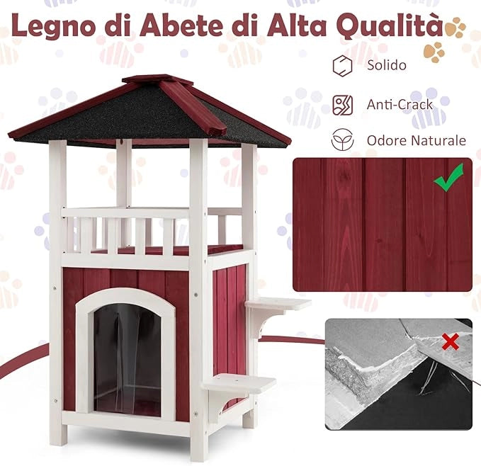Casetta per Gatti in Legno, Casetta per Gattii a 2 Livelli con Tetto in Asfalto, 2 Piattaforme per Saltare, per Esterno e Interno, 58 x 50 x 87 cm