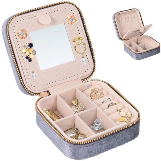 Etui per gioielli portatile con specchio - confezione in PU duraturo - modello compatta - contenitore per viaggio - contenitore per conservazione - contenitore per accessori - dimensioni compatte - con specchio - in PU duraturo