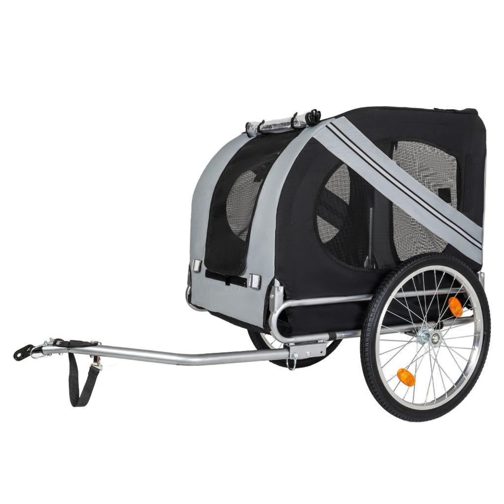 Rimorchio per bicicletta per cani – Rimorchio per cani – Con gancio di sicurezza girevole – Con zanzariera – Con copertura antipioggia – Fino a 40 kg – Grigio scuro