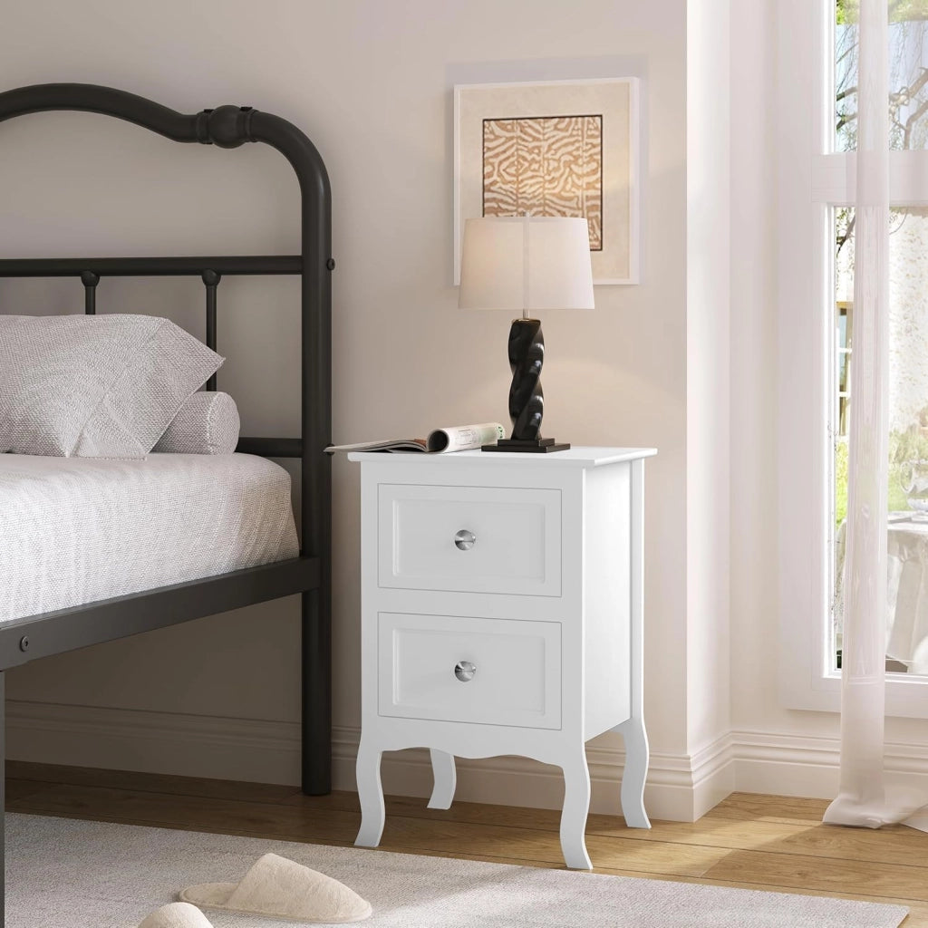 Comodino Shabby Chic Bianco con 2 Cassetti per Camera da Letto Comodino da Notte in MDF 40x30x60cm TS119ws