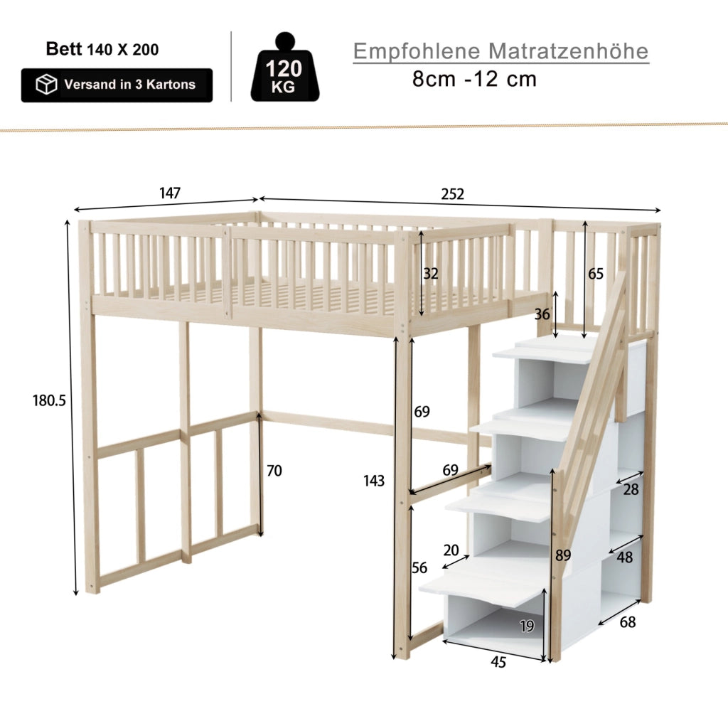 Hochbett 140x200 cm con scala contenitore e 15 doghe in legno di pino